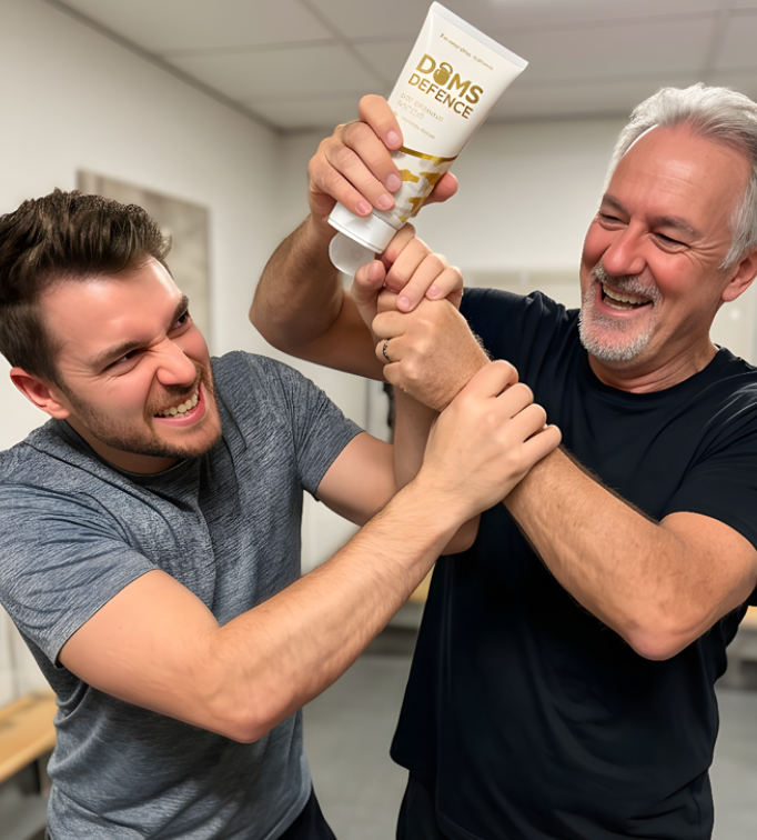 A dad stealing his son's DOMS Defence sore muscles cream.