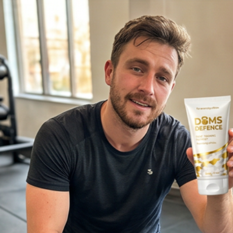 Gym guy with a tube of DOMS Defence sore muscle cream