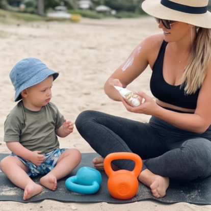 Woman applying DOMS Defence sore muscle cream while her child sits beside her on a beach with kettlebells nearby.