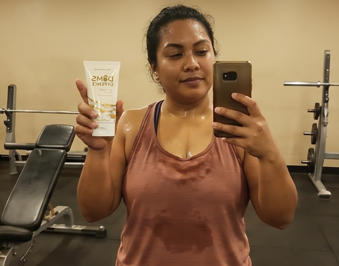 Woman in a gym holding a post training support muscle cream and taking a selfie.